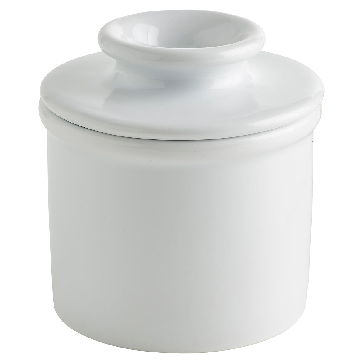 Butter Bell Original Crock on countertop with white gloss finish for easy spreadable butter.
