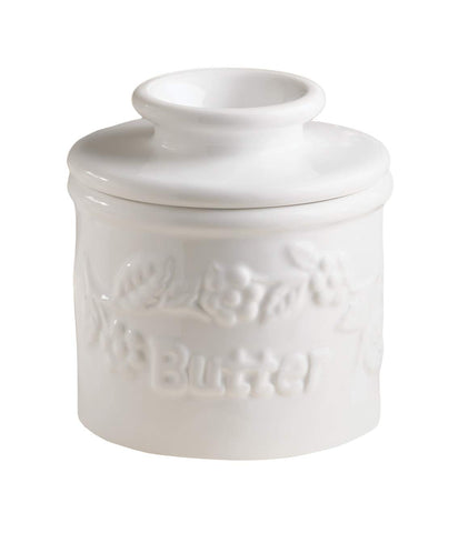 Butter Bell original crock with white raised floral front view keeps butter soft at room temperature.