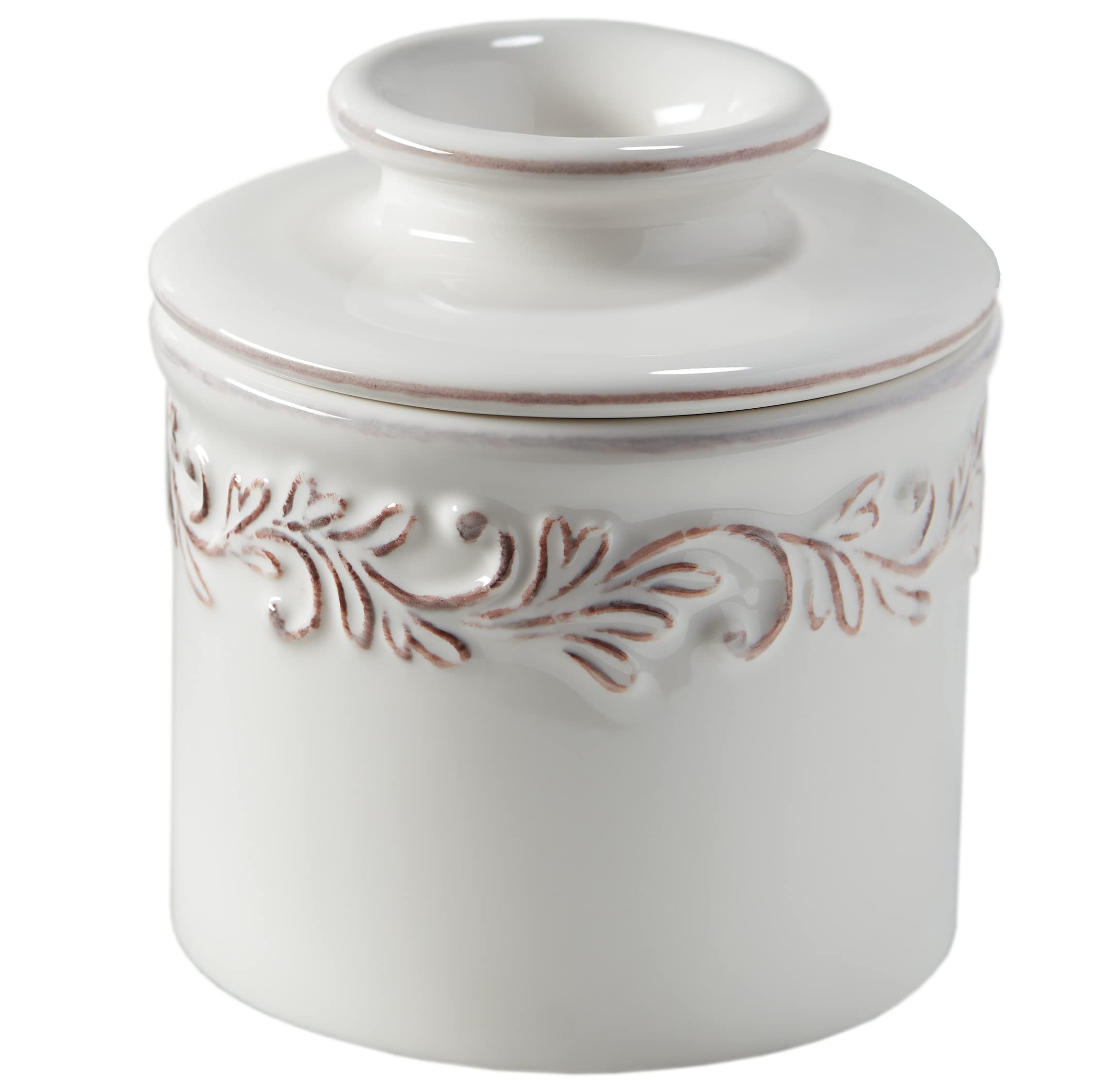 Butter Bell original crock with Provencal embossing keeps countertop butter fresh.