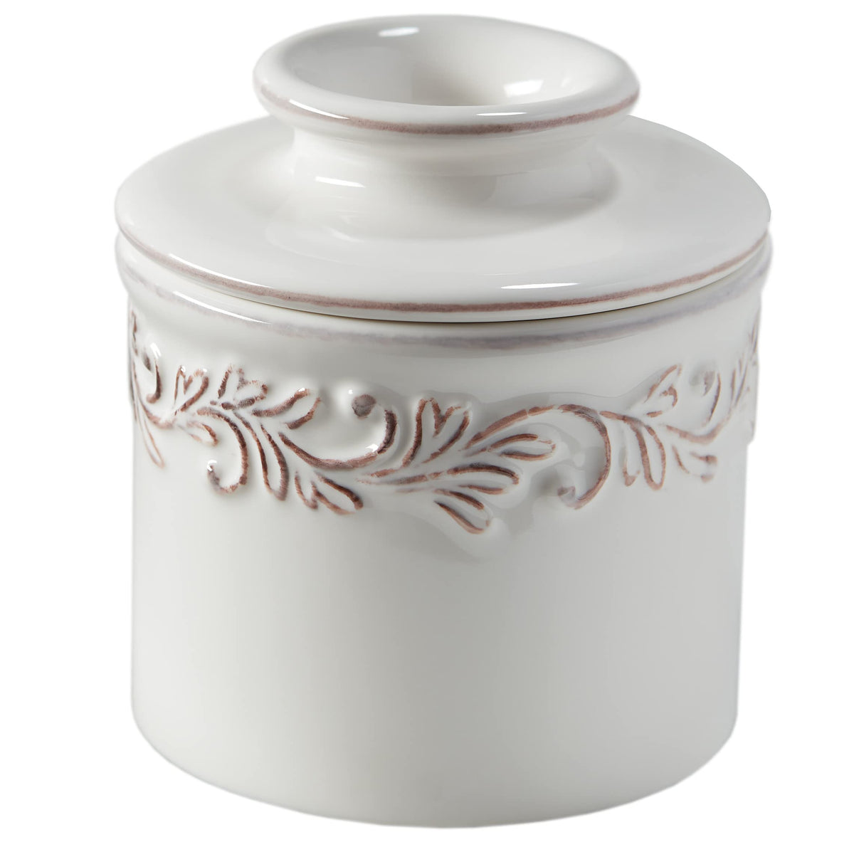 Butter Bell original crock with Provencal embossing keeps countertop butter fresh.