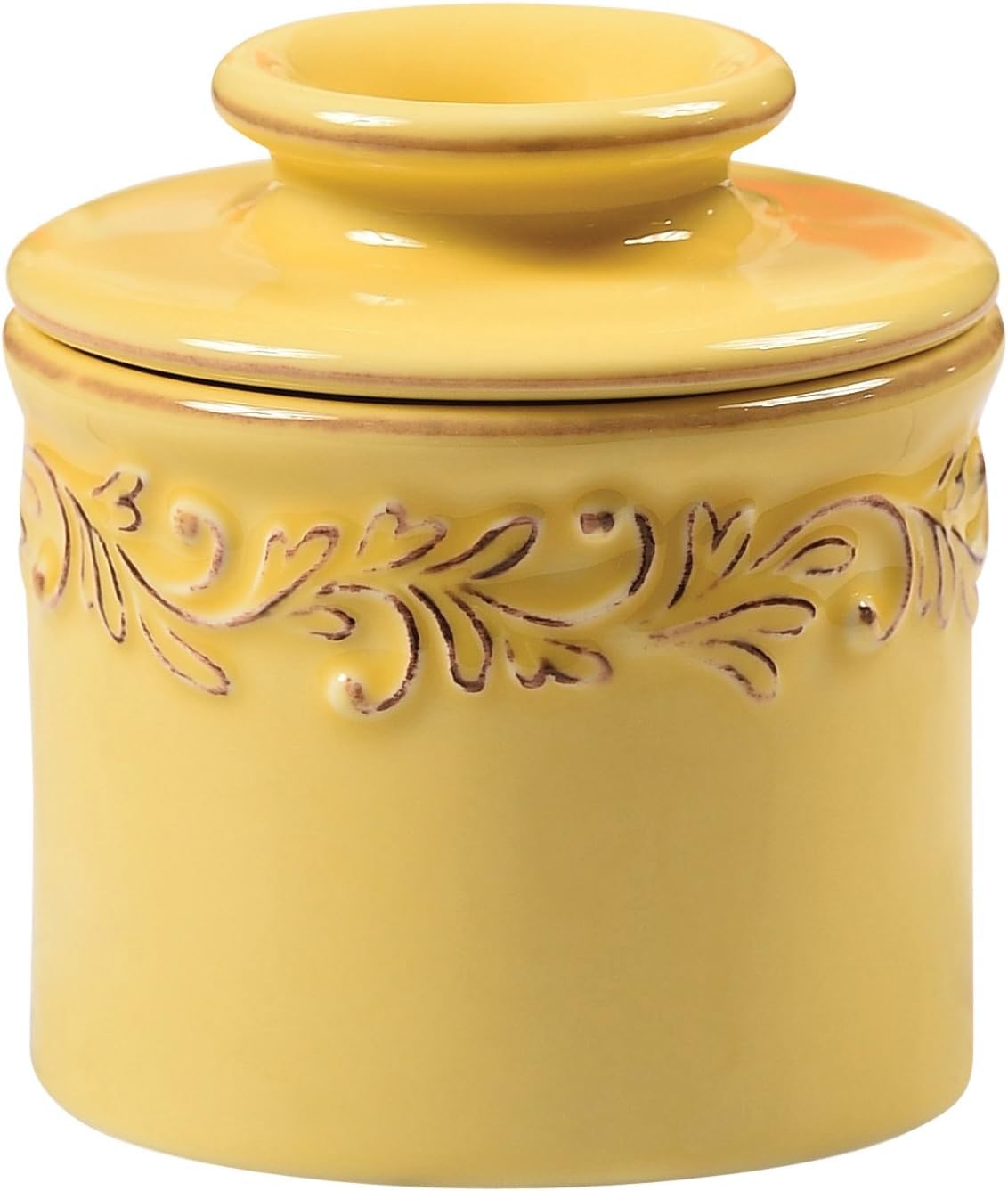 Butter Bell Original Goldenrod crock on counter keeps spreadable butter accessible.