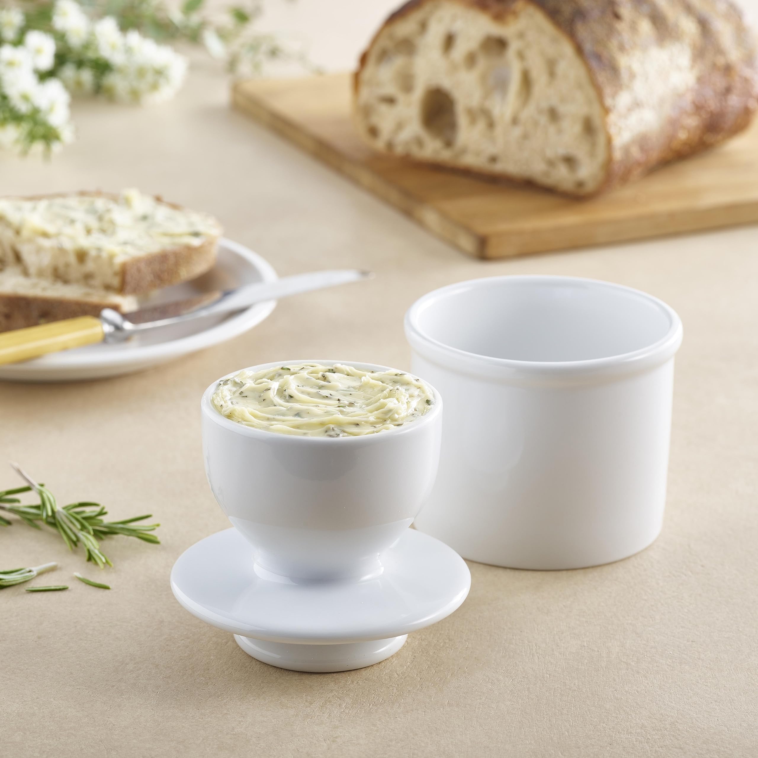 Two-piece Butter Bell with inverted lid and base showing airtight seal for freshness.