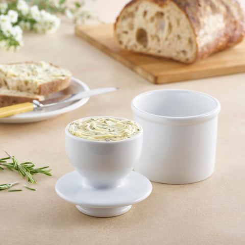 Two-piece Butter Bell with inverted lid and base showing airtight seal for freshness.