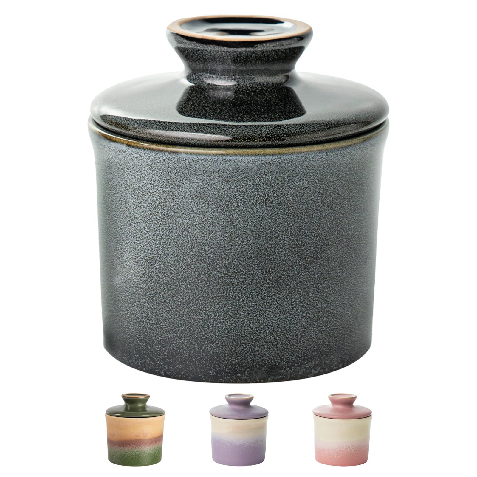 Butter crock with lid on countertop shows elegant ceramic design for fresh spreads.