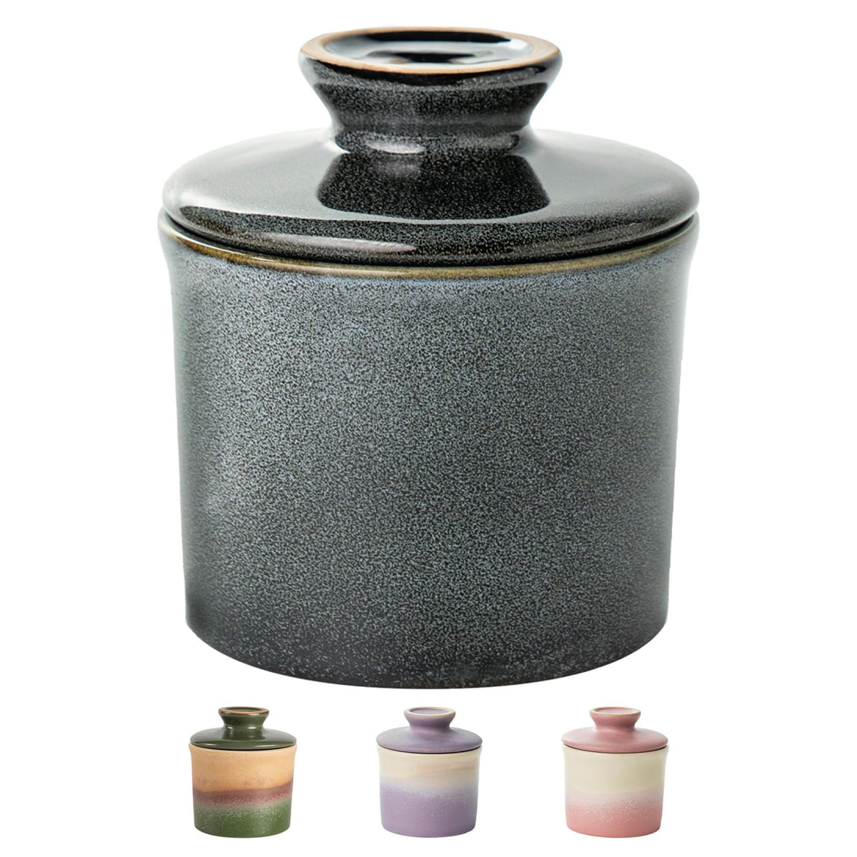 Butter crock with lid on countertop shows elegant ceramic design for fresh spreads.