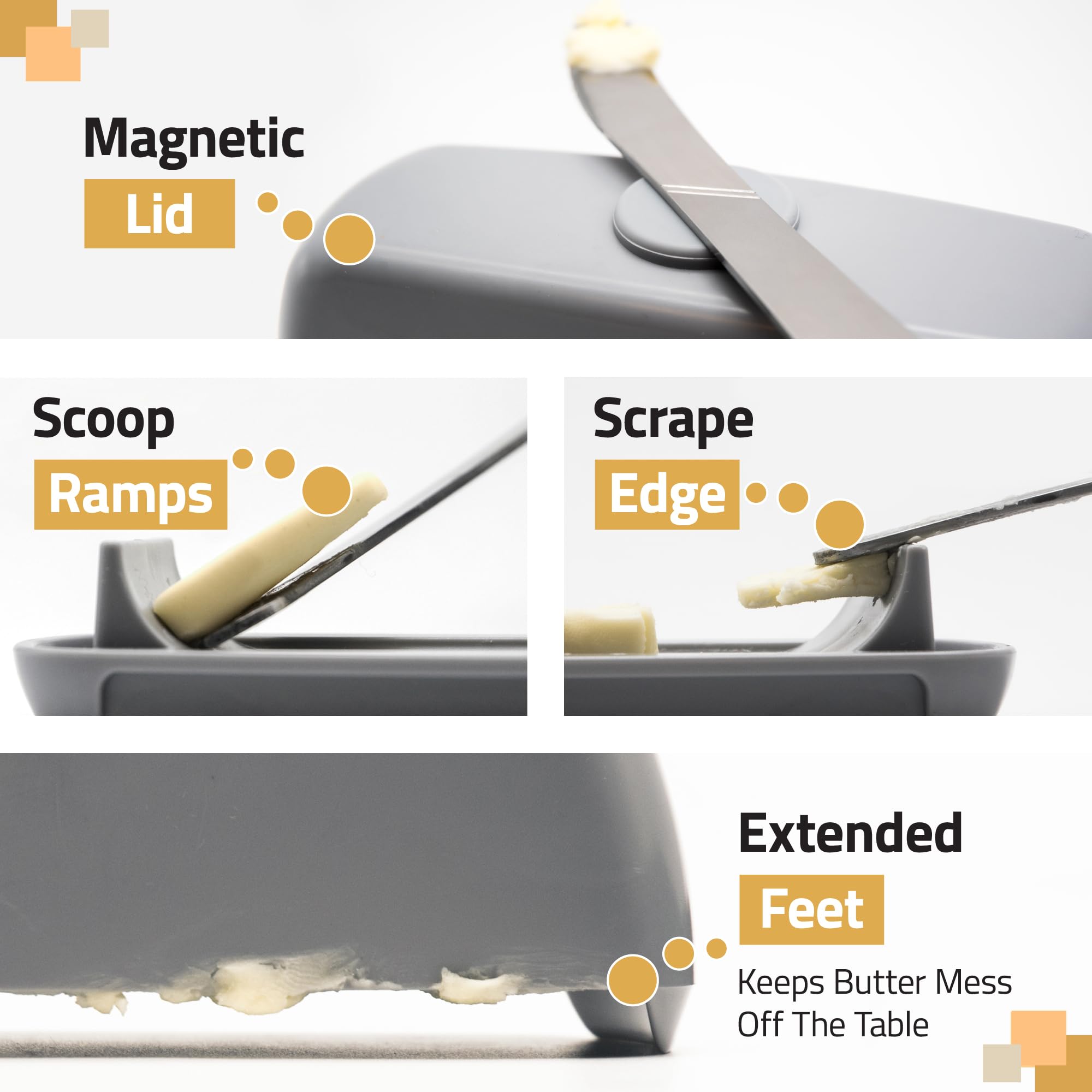 Easy scoop ramps help lift butter smoothly for all ages.