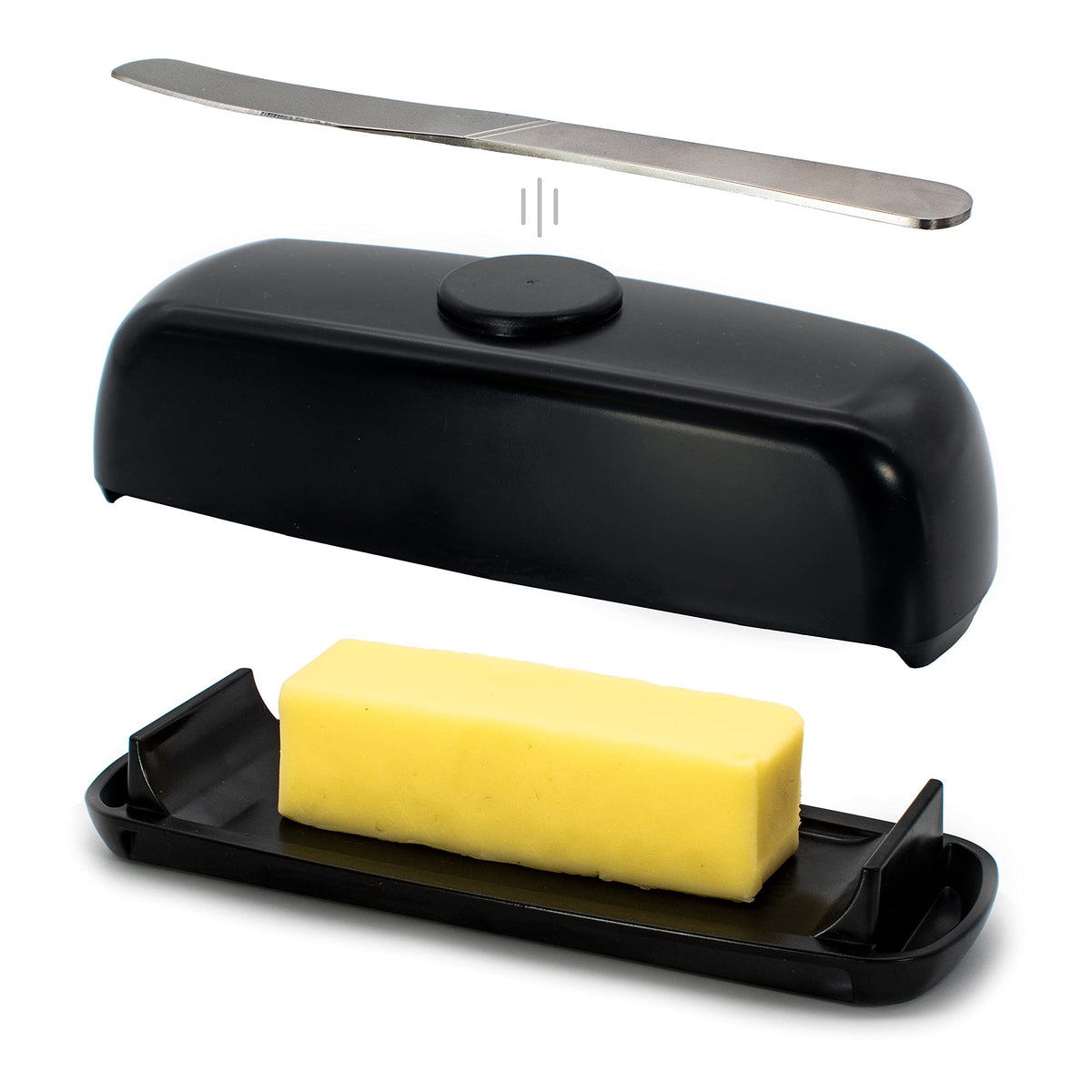 Butter Hub magnetic lid with knife keeps serving tools together.