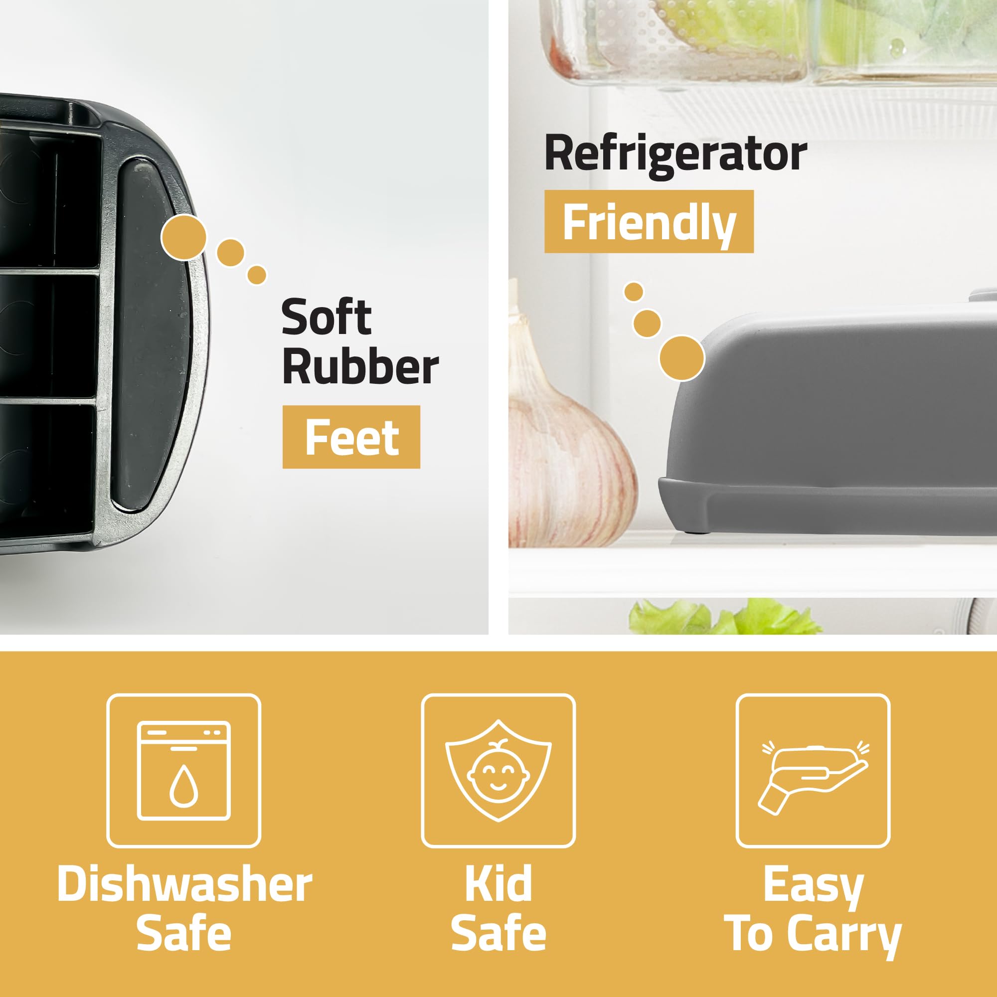 No-mess footed lid elevates and prevents countertop butter rings.