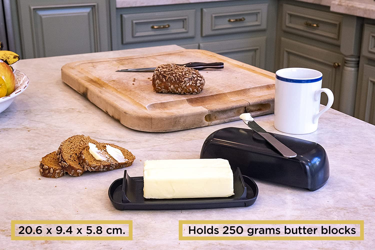 Butter Hub soft rubber feet stabilize the dish on counters