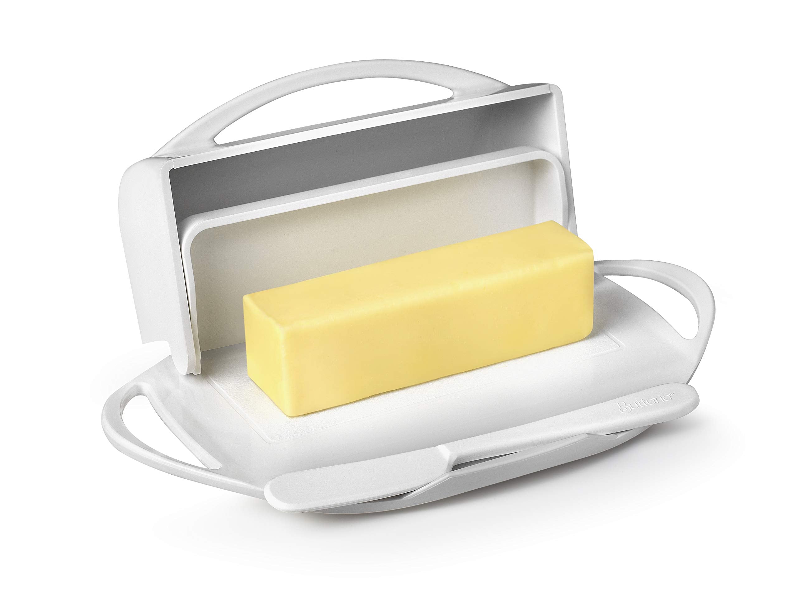 Butterie butter dish with attached lid demonstrates no-mess design for easy serving.