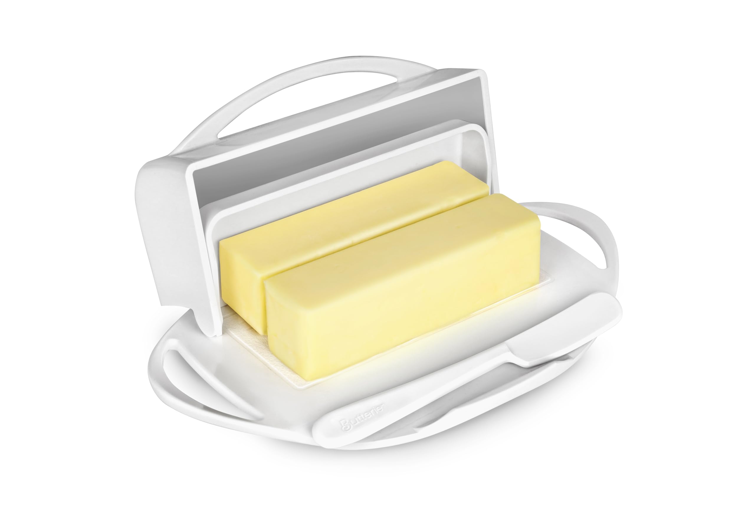 Butterie flip-top butter dish with attached lid keeps butter clean and ready to spread.