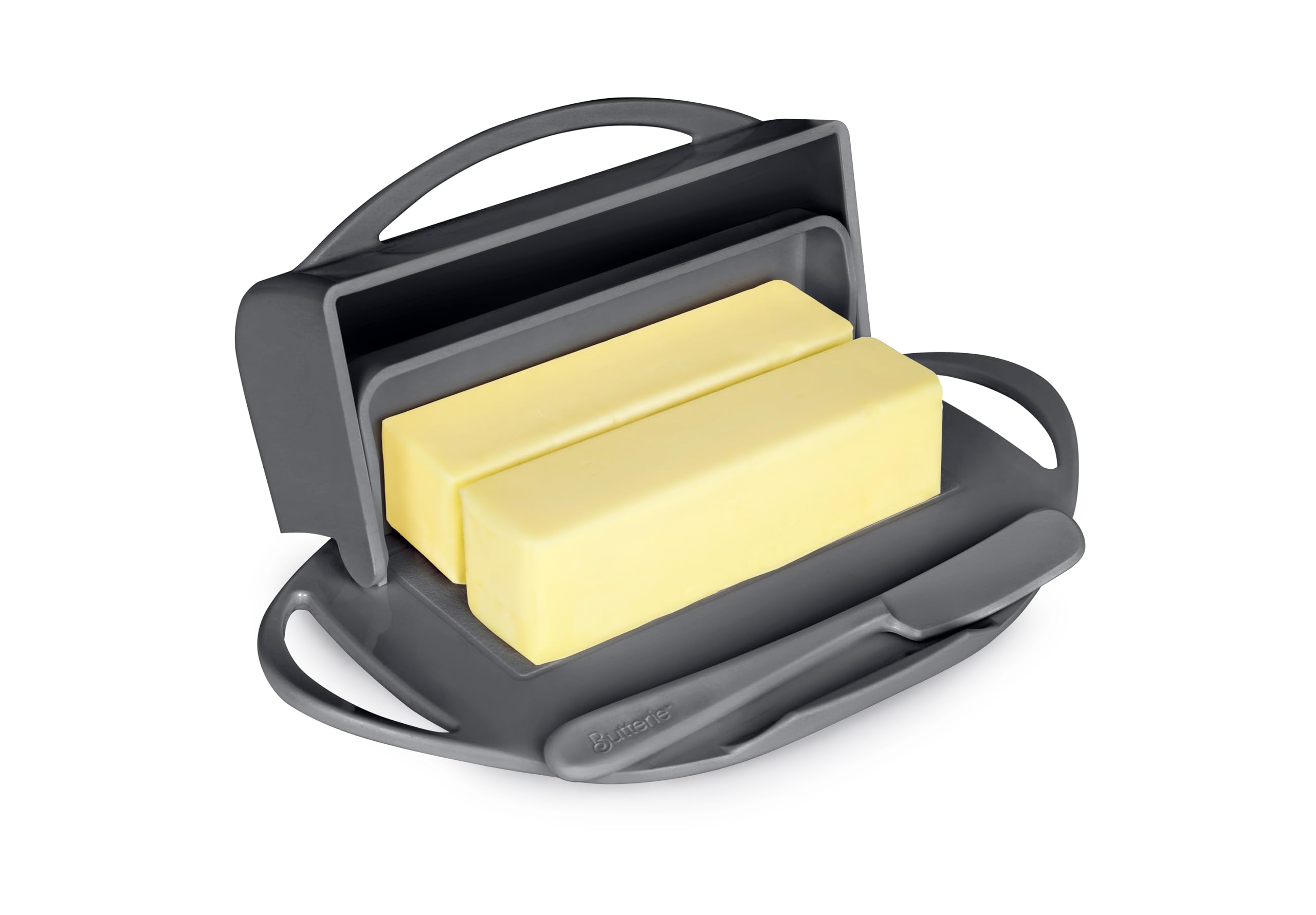 Butterie flip-top butter dish gray keeps butter scoop-ready and mess-free on the counter.