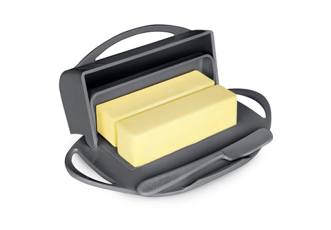 Butterie flip-top butter dish gray keeps butter scoop-ready and mess-free on the counter.