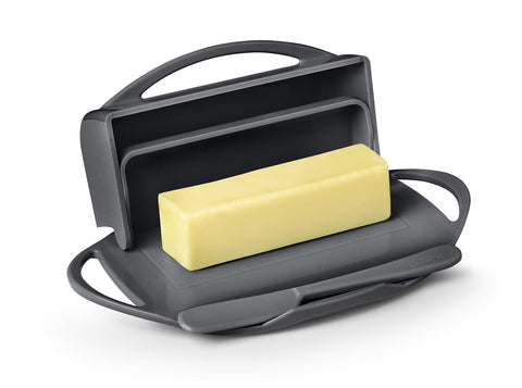 Butterie lid-attached butter dish gray prevents contact with butter and keeps counters clean.