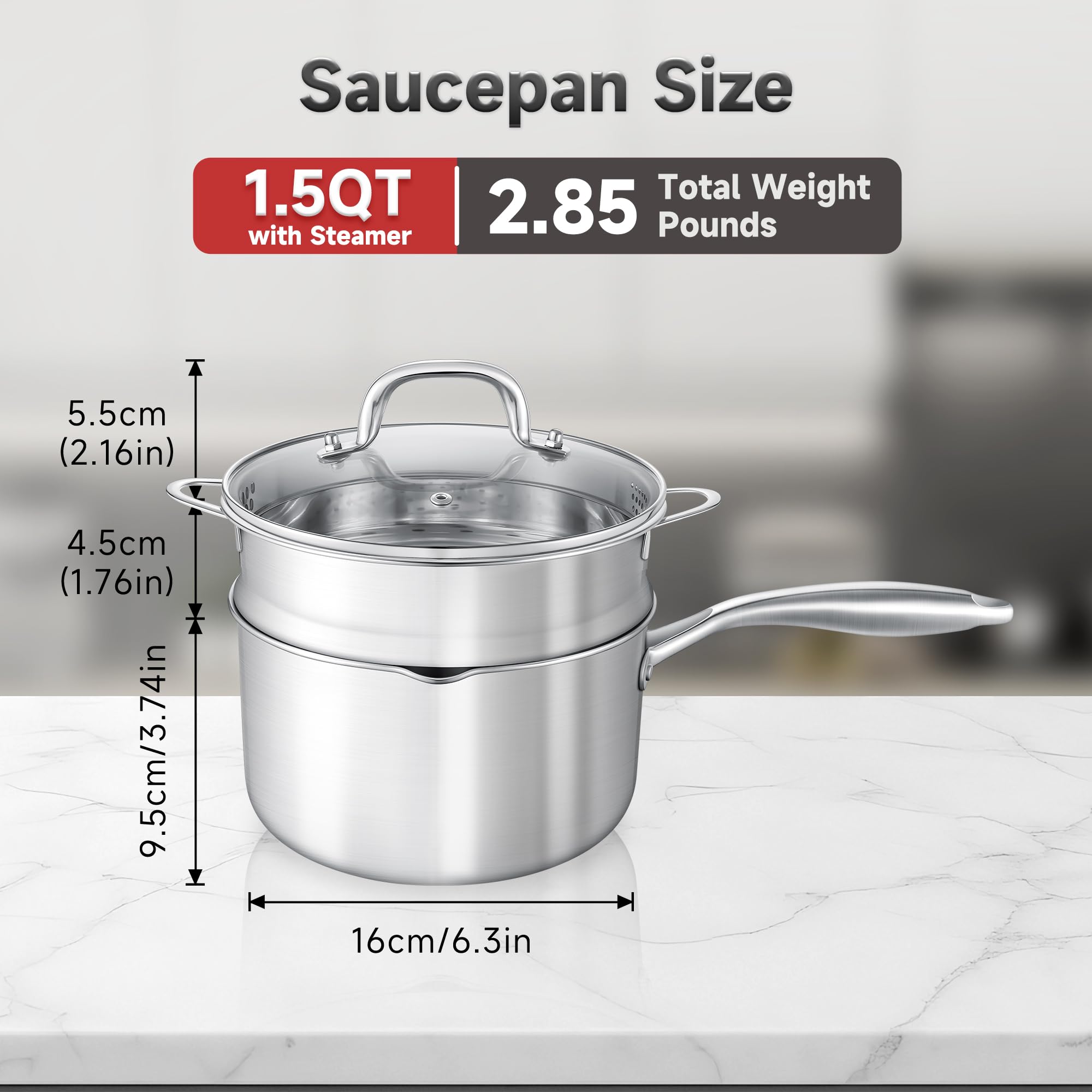 ButterMelt saucepan with dual drainage holes lid for precise pasta draining.