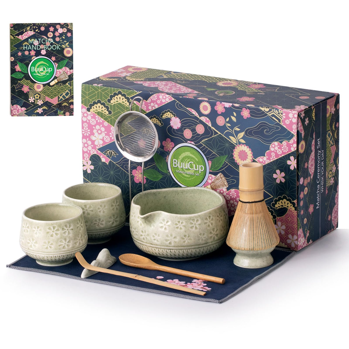 Buucup matcha bowl chawan with cherry blossom glaze for smooth, frothy whisked tea.
