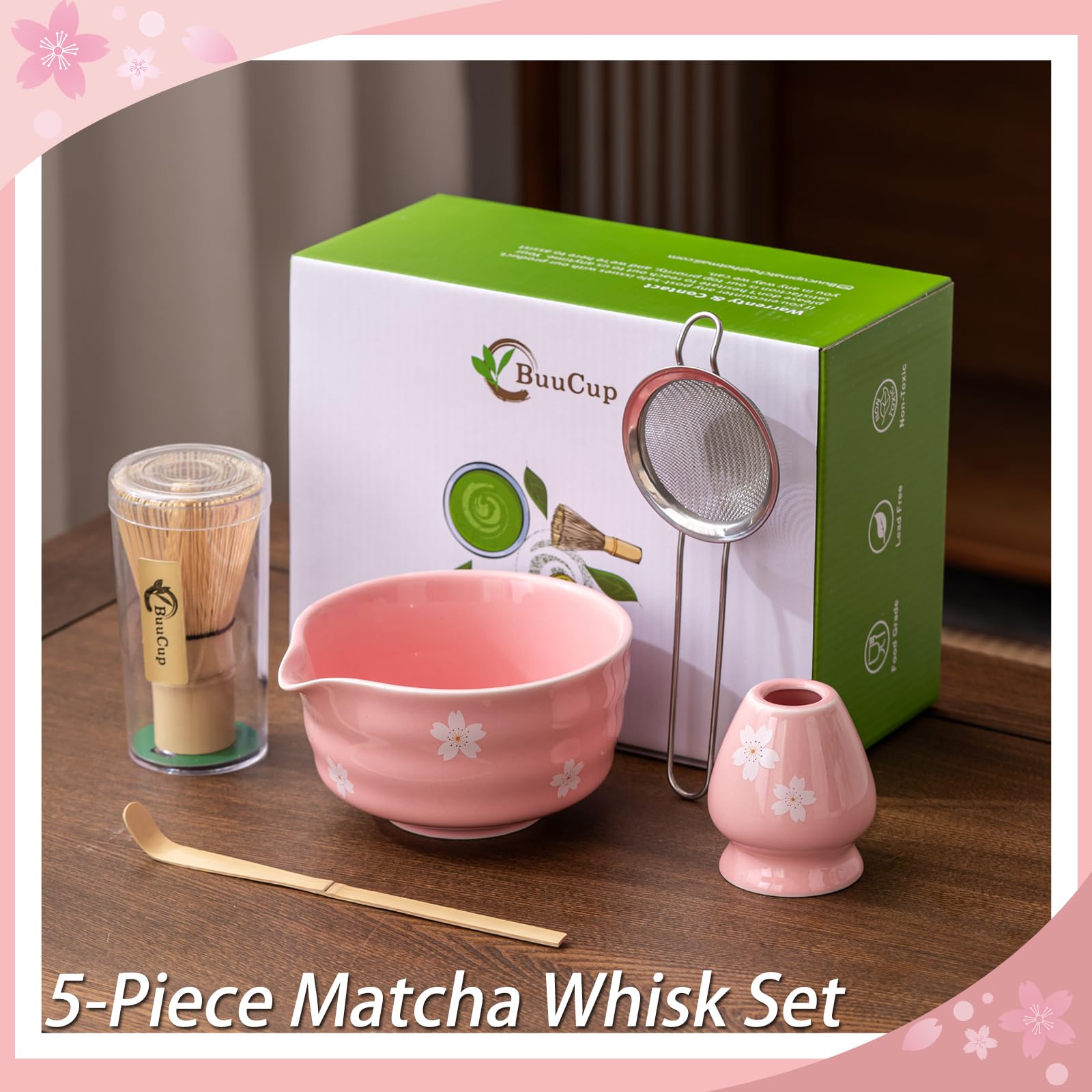 Buucup matcha scoop in bamboo shows natural craftsmanship for precise dosing.