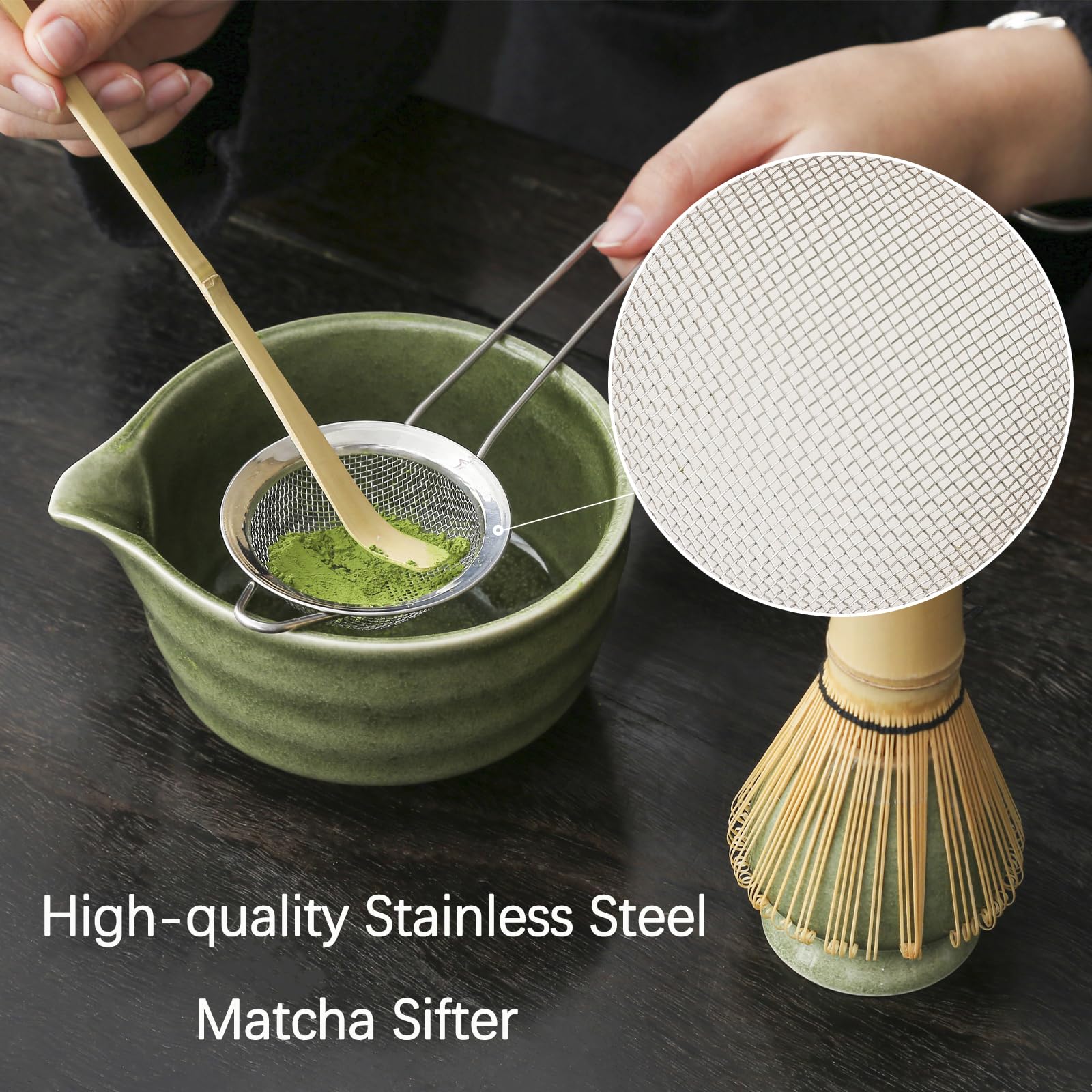 Buucup matcha-stainless-sifter for smooth, lump-free whisking.