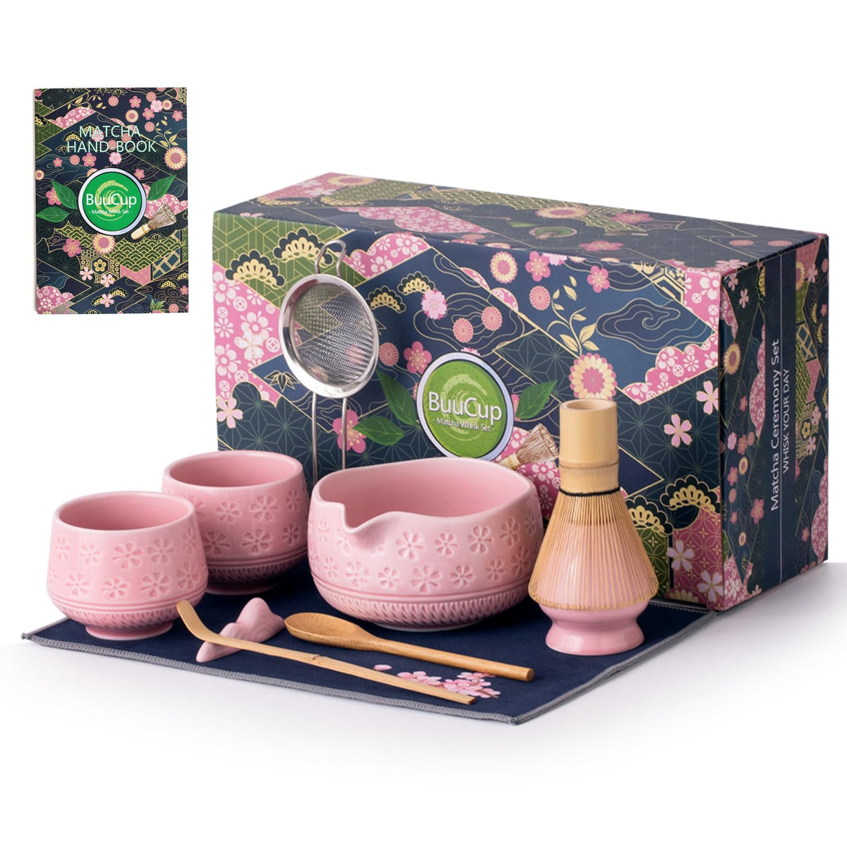 Buucup Matcha Whisk Set pink bowl with cherry blossom motif for elegant tea rituals.