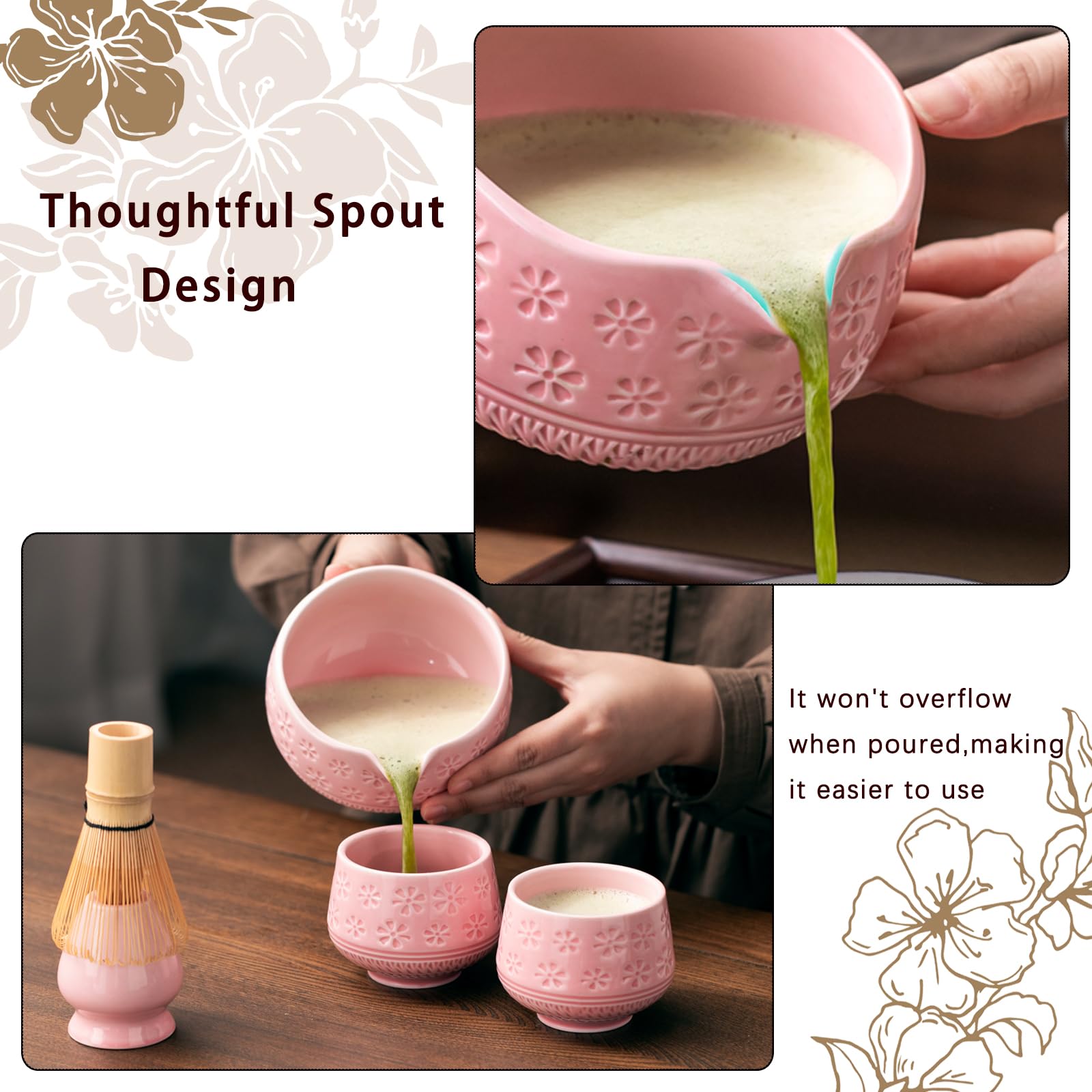Buucup pink cups showcase cherry blossoms, ideal for frothy, smooth matcha at home.
