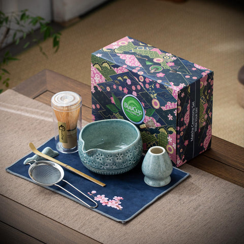 Buucup matcha whisk set tea towel, cherry blossom design complements any kitchen.