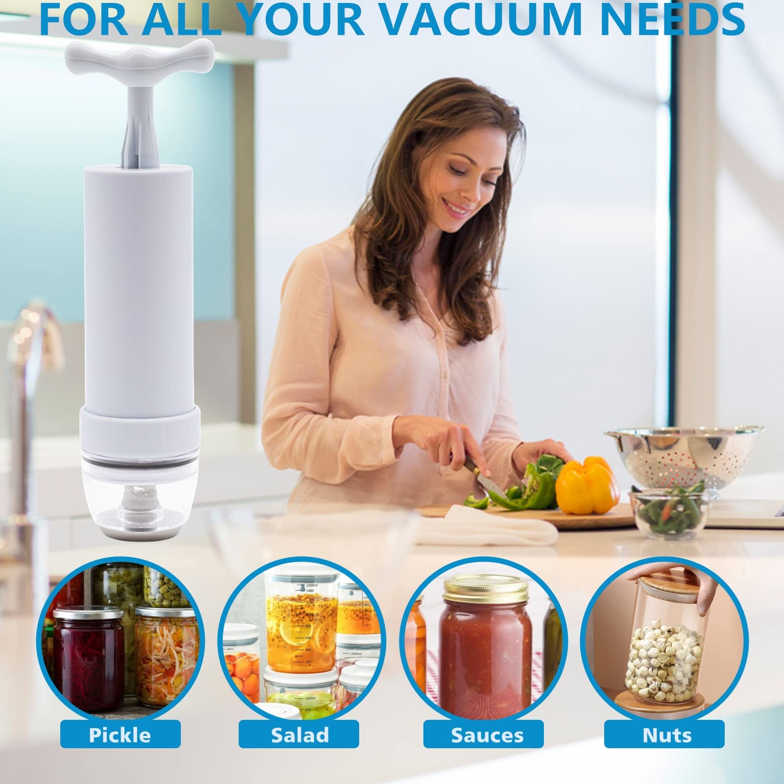 BUVLIVU wide-mouth sealer attached to everyday pantry jars.