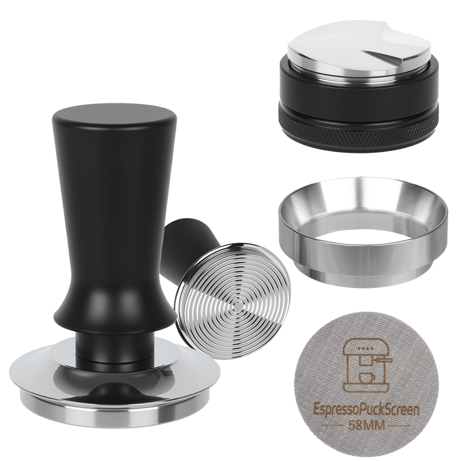 BUWILRQ 58mm espresso tamper spring-loaded for consistent tamp pressure.