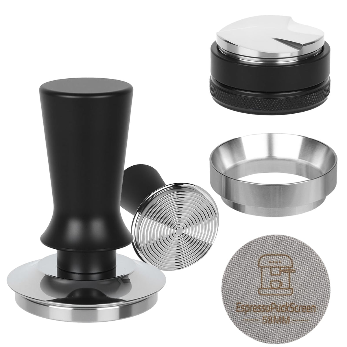 BUWILRQ 58mm espresso tamper spring-loaded for consistent tamp pressure.