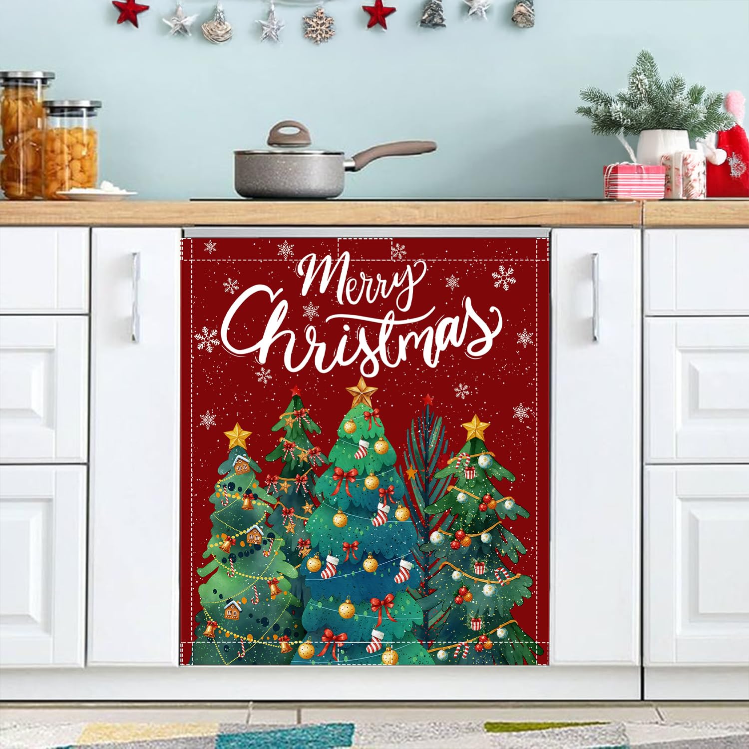 Buxjexh Snowflake Holly Evergreen design enhances holiday mood in the kitchen