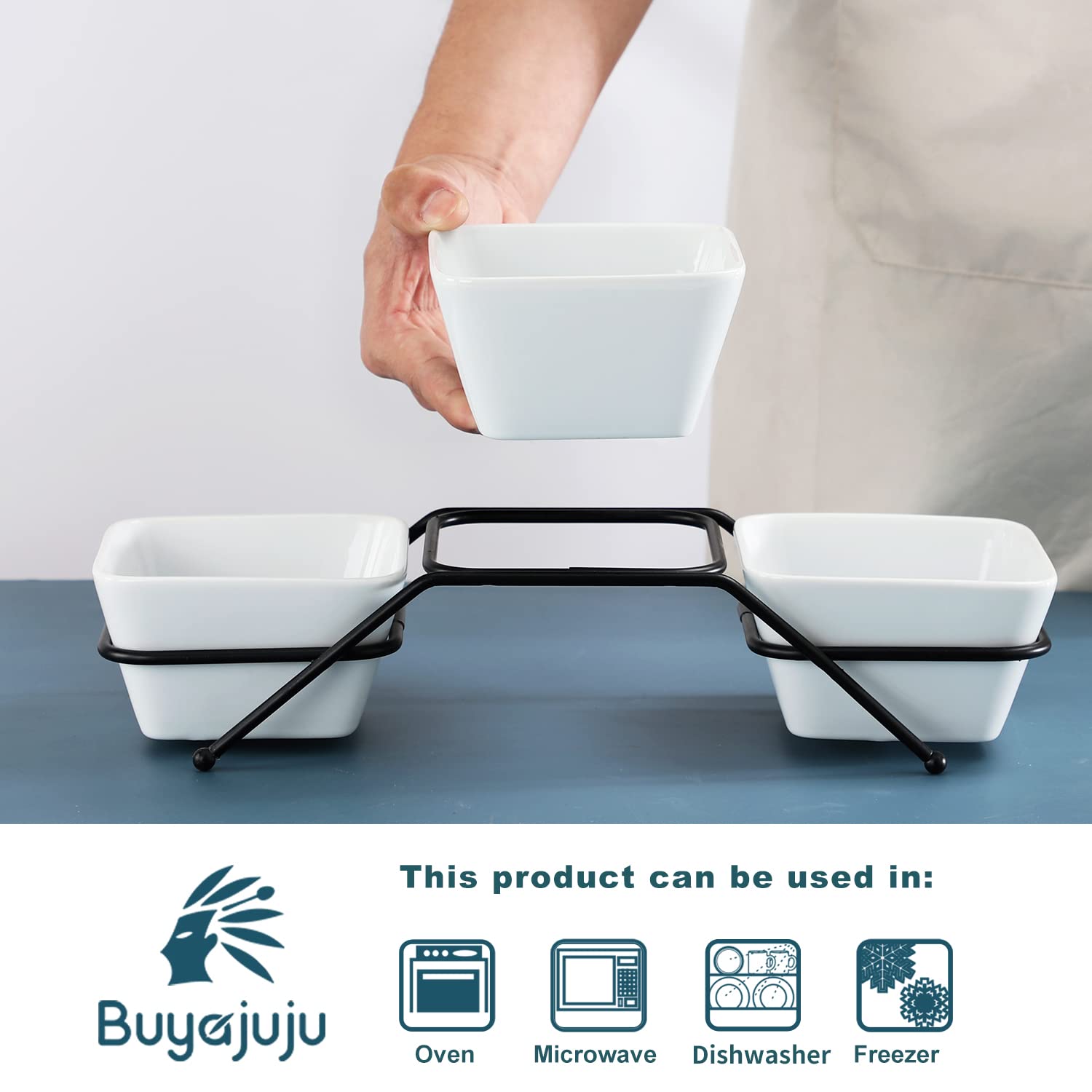 Buyajuju black stand contrasts with white bowls for stable serving.