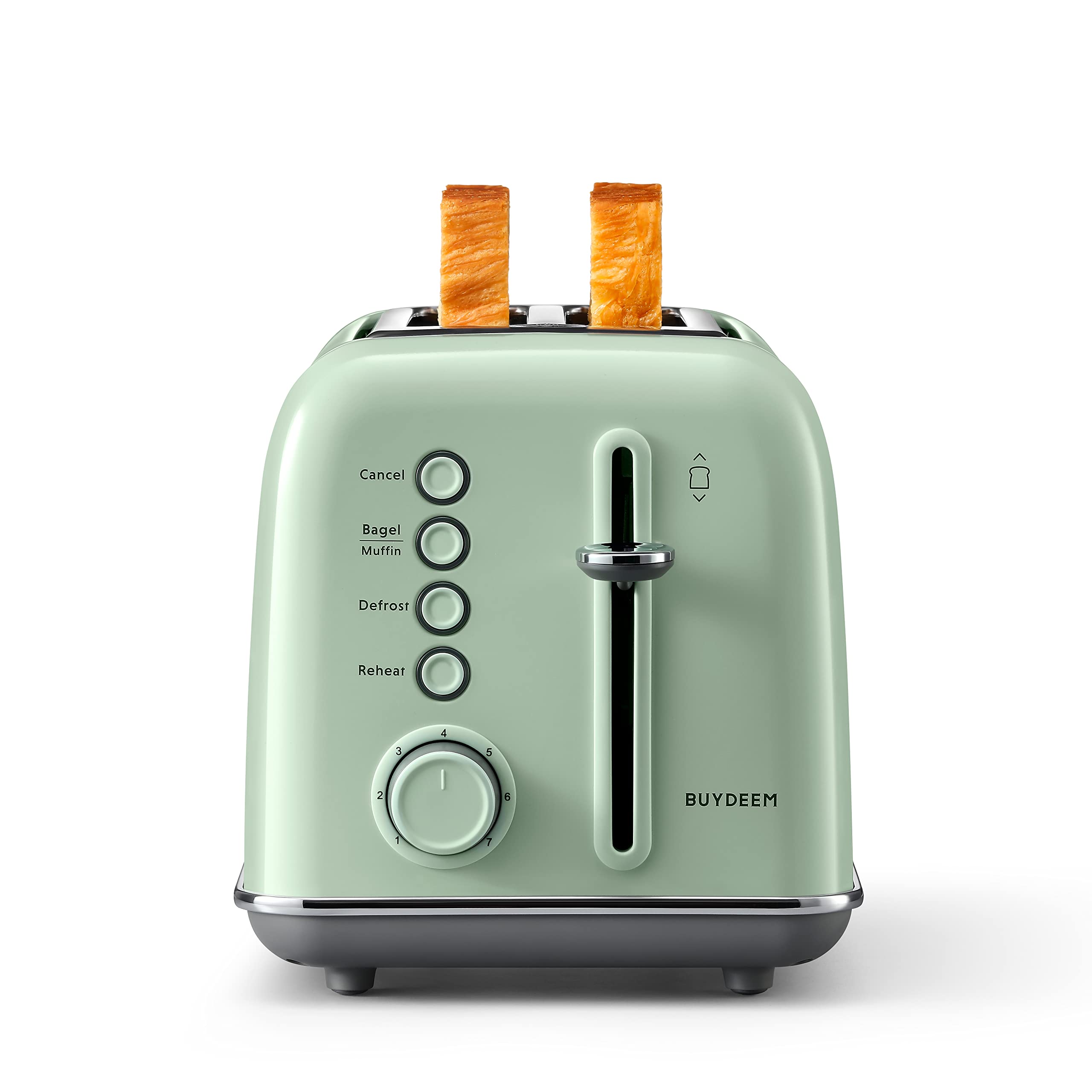 BuyDEEM DT620 retro stainless toaster on a clean kitchen counter, compact and stylish.