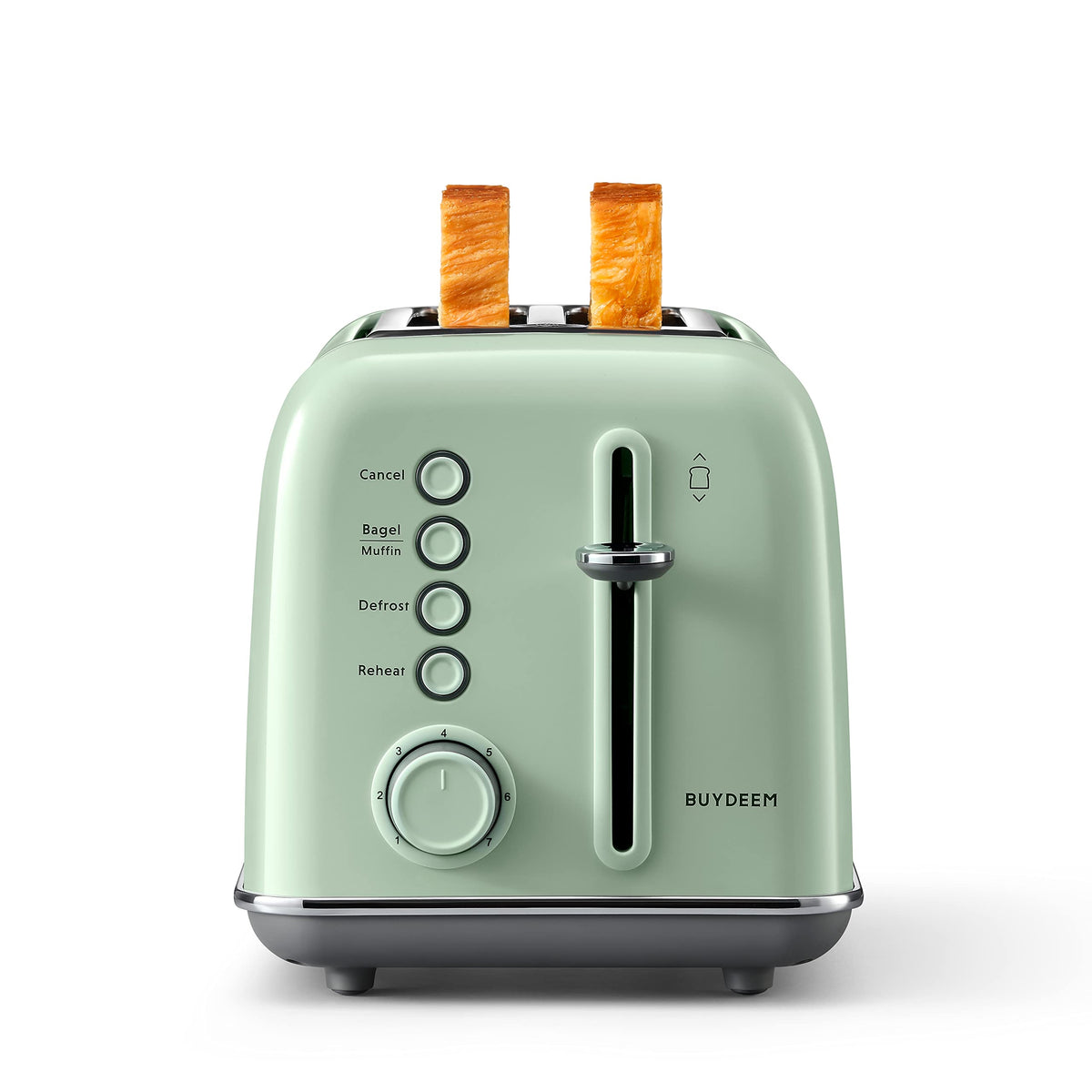 BuyDEEM DT620 retro stainless toaster on a clean kitchen counter, compact and stylish.