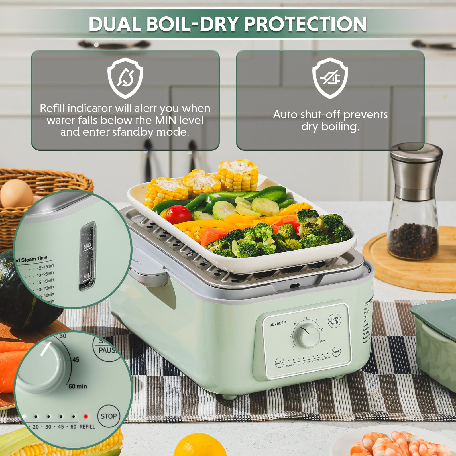 Buydeem G52 preset timers simplify cooking vegetables and proteins.