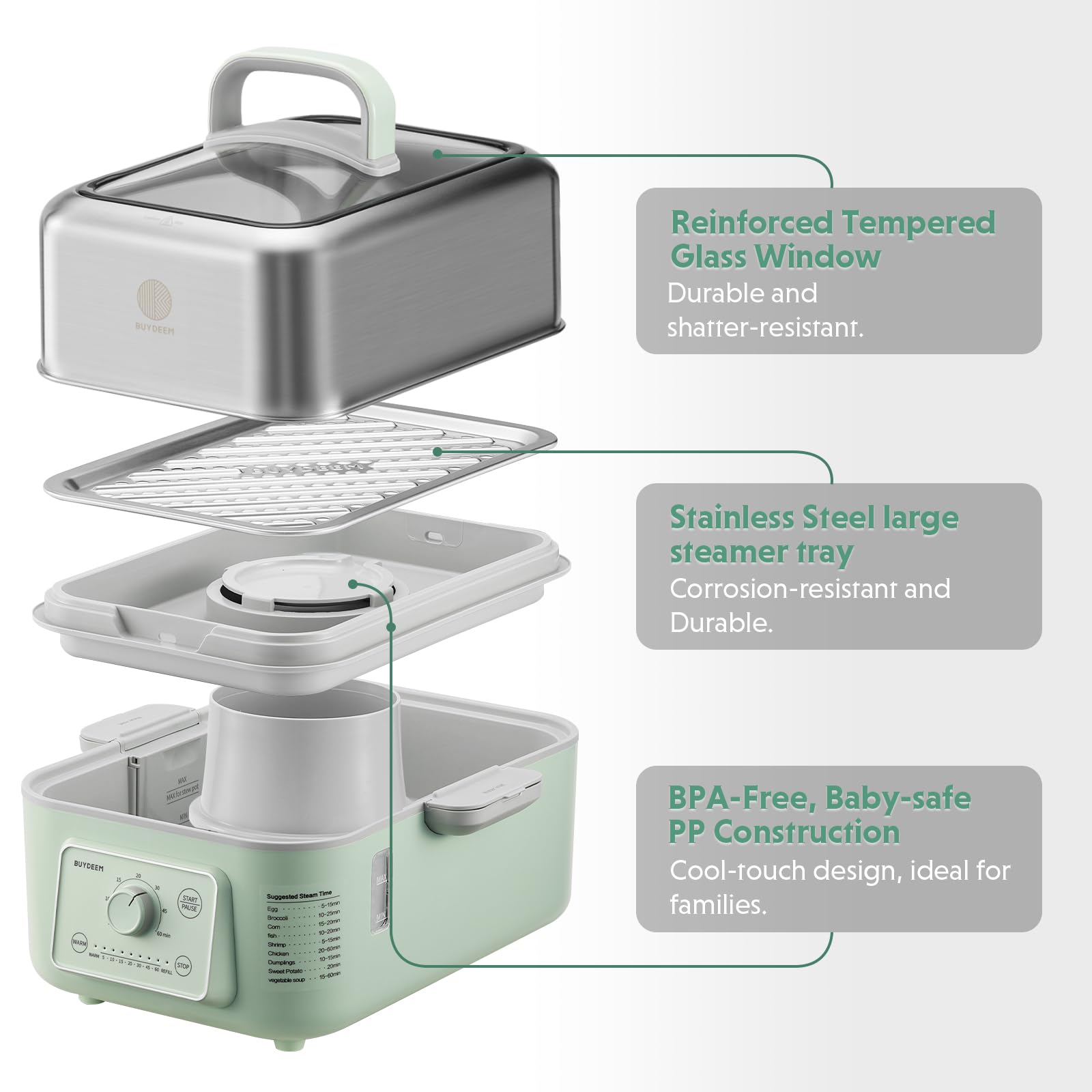 Buydeem G52 steamer showing seven preset timings for versatile cooking