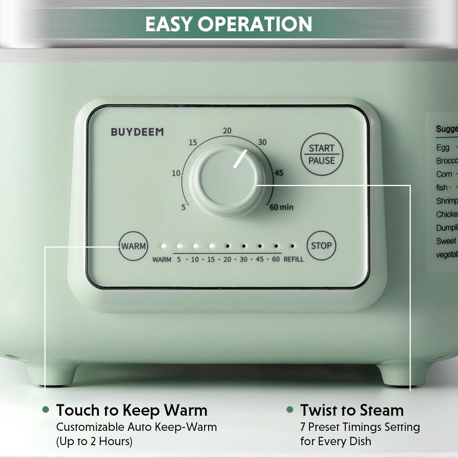 Buydeem G52 steamer featuring dual boil-dry protection for safe cooking