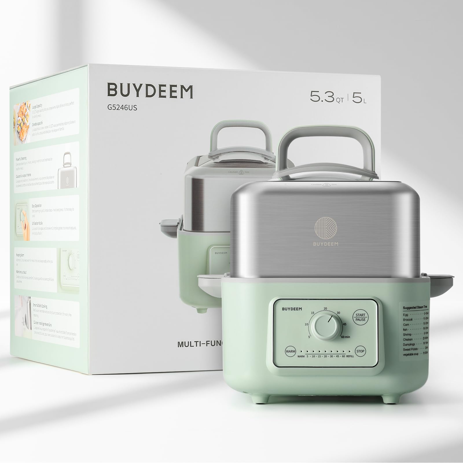 Buydeem G52 steamer with stainless steel tray for durability