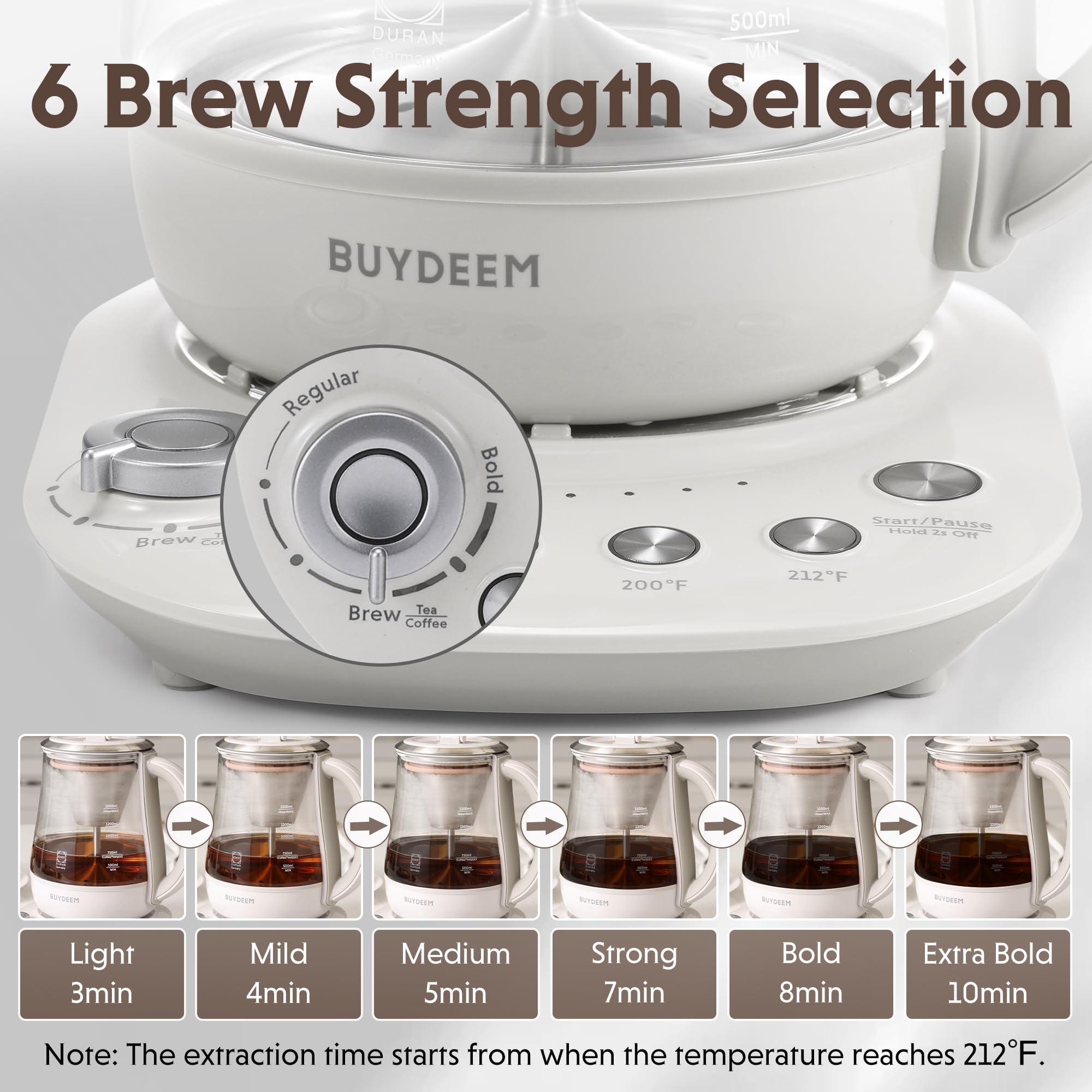 Close-up of BUYDEEM K156 control knob for selecting brew strength.