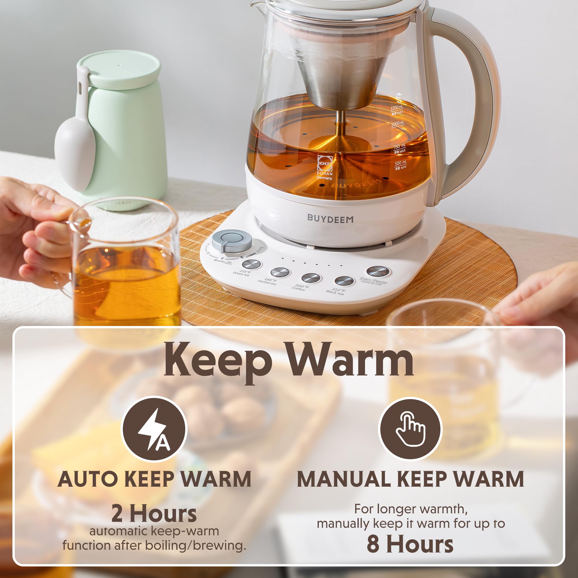 BUYDEEM K156 four-temperature presets display for tea and coffee readiness.
