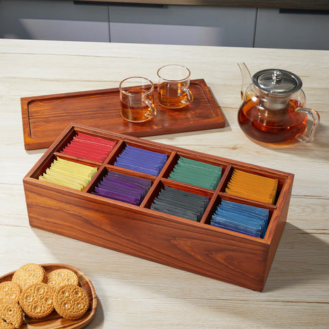 BWODYAY Countertop tea caddy displays a variety of teas in a neat rack.