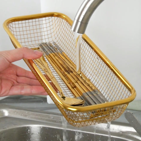 BYEGOU Gold long-utensil tray to keep tongs and spatulas organized.