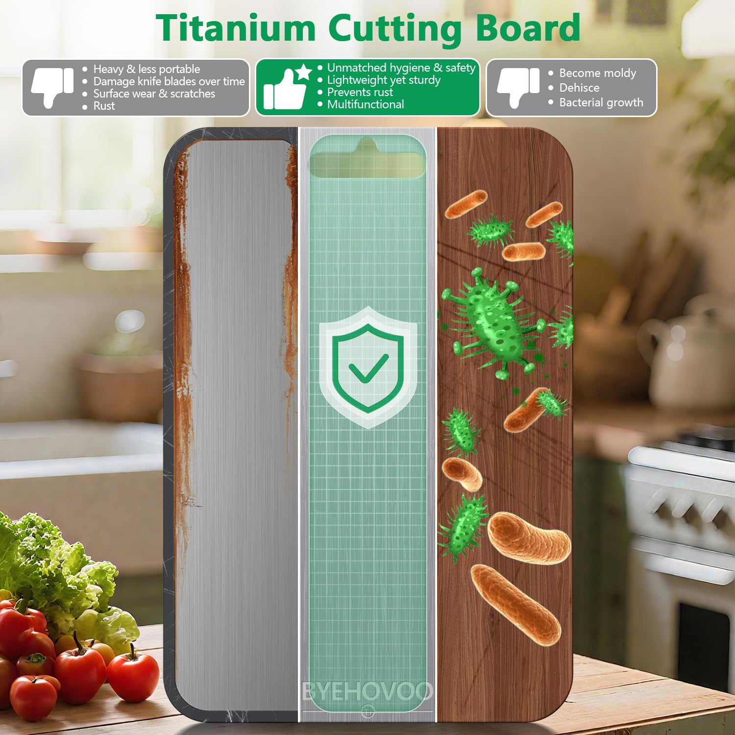 BYEHOVOO titanium cutting board double-sided setup separates raw meat and produce.