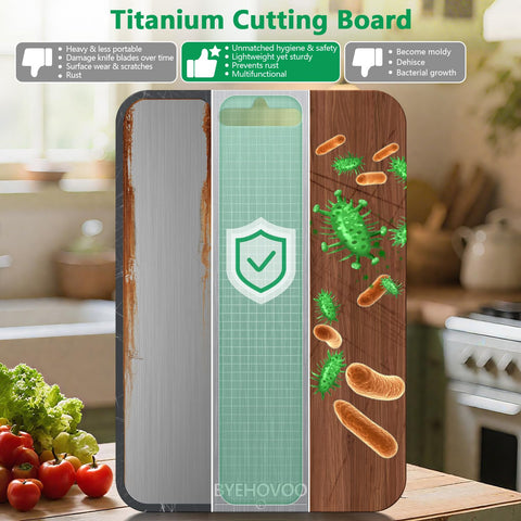 BYEHOVOO titanium cutting board double-sided setup separates raw meat and produce.