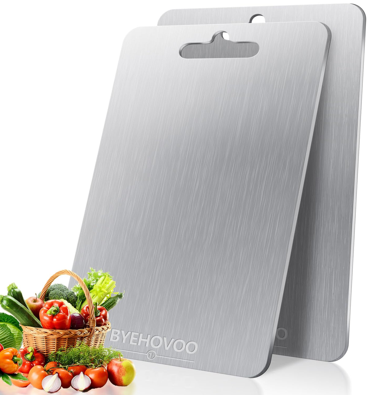 BYEHOVOO titanium cutting board top view, slim durable surface for precise slicing.