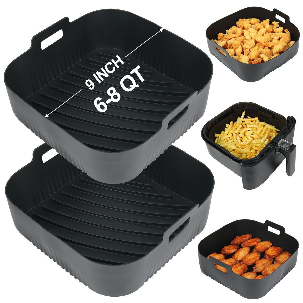 BYKITCHEN 9-inch silicone liner inside a 6-8qt air fryer for quick cleanup.