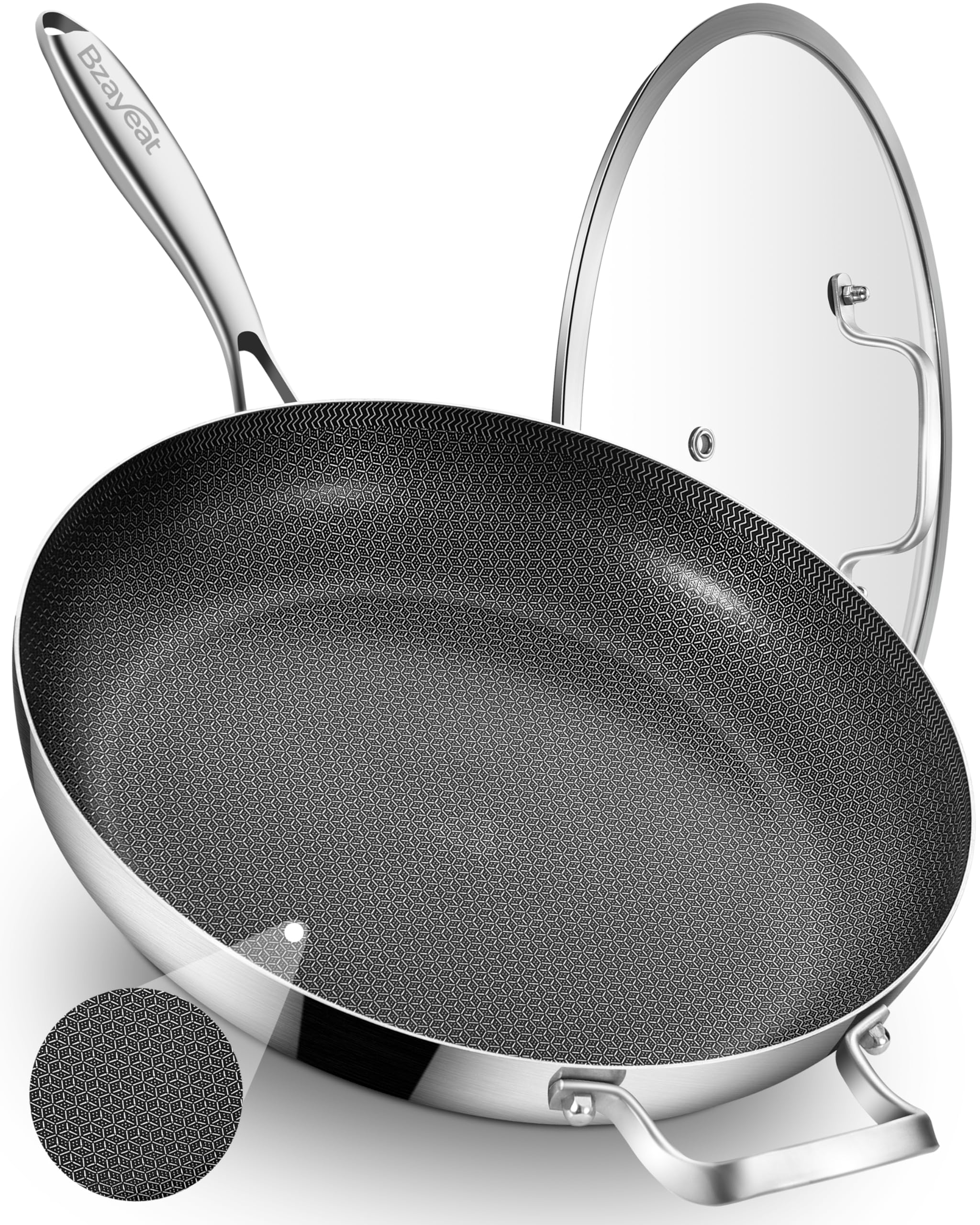 Bzayeat 13-inch nonstick hybrid pan with lid for even heating.