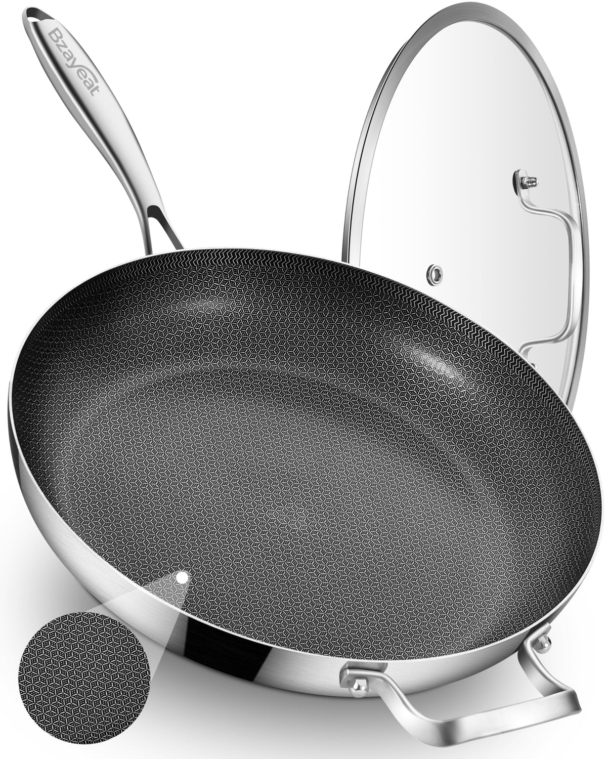 Bzayeat 13-inch nonstick hybrid pan with lid for even heating.
