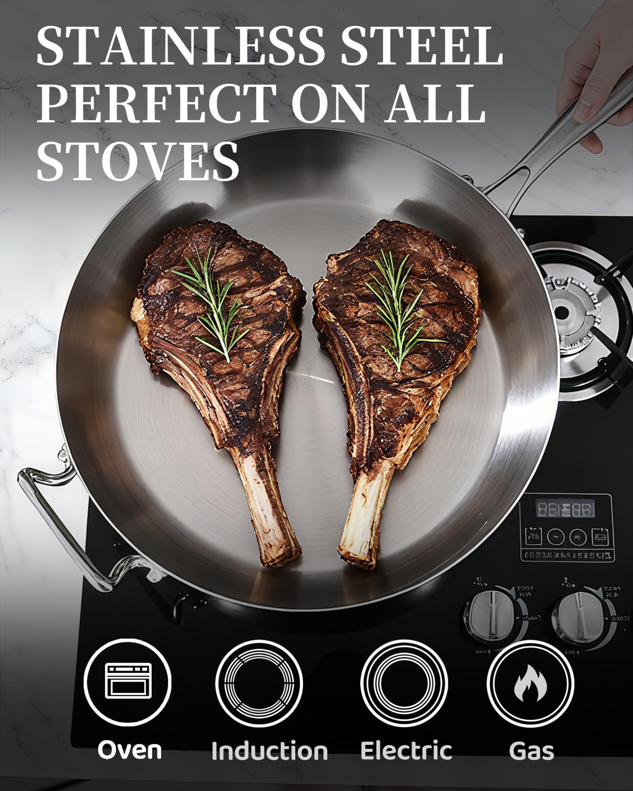 Bzayeat 14-inch tri-ply pan with detachable handle for easy storage.