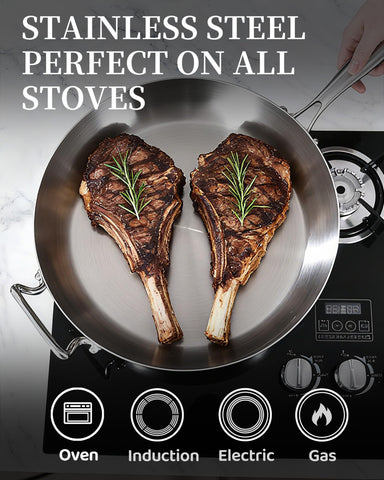 Bzayeat 14-inch tri-ply pan with detachable handle for easy storage.
