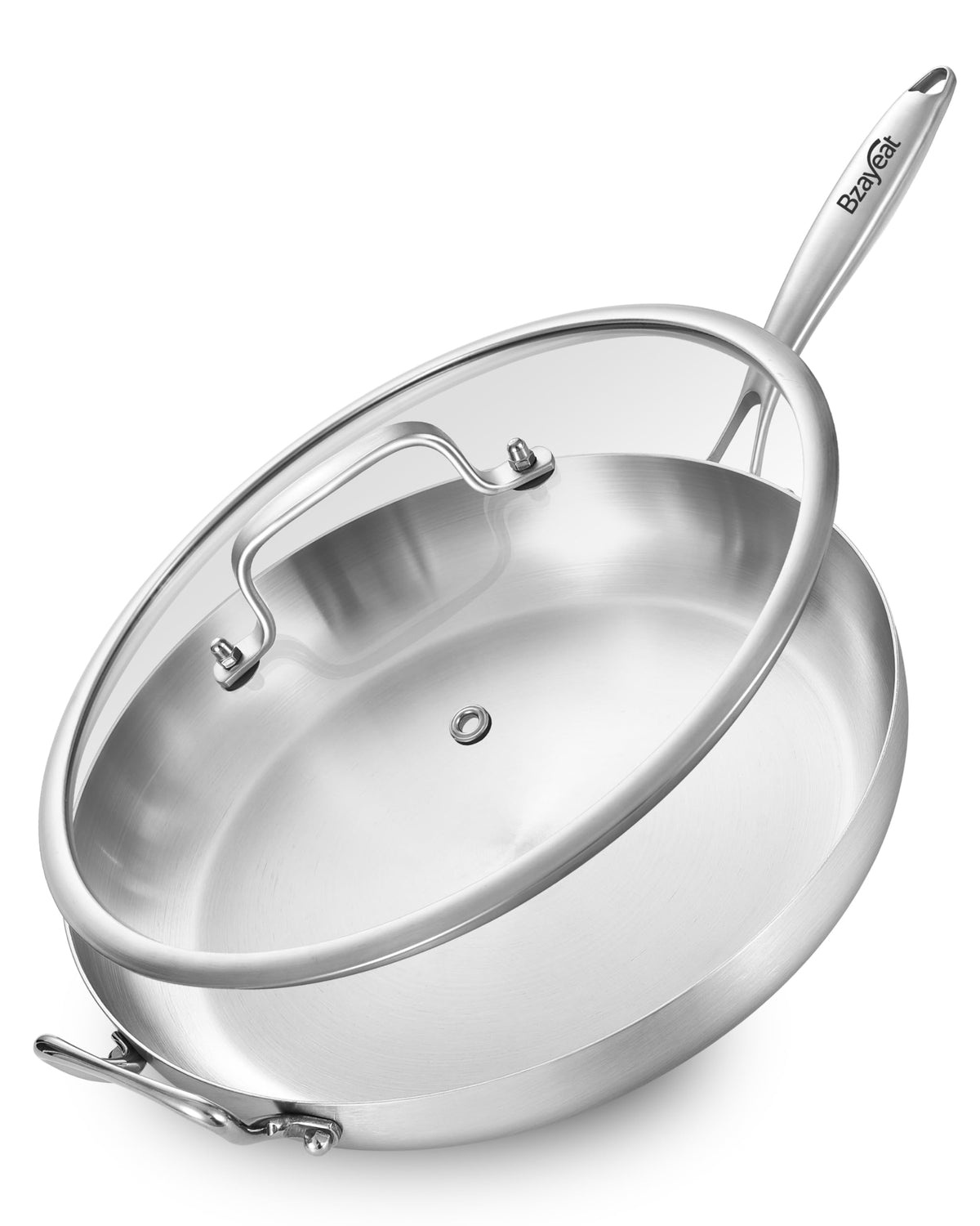 Bzayeat 14-inch tri-ply frying pan top view showing even heat distribution for searing.