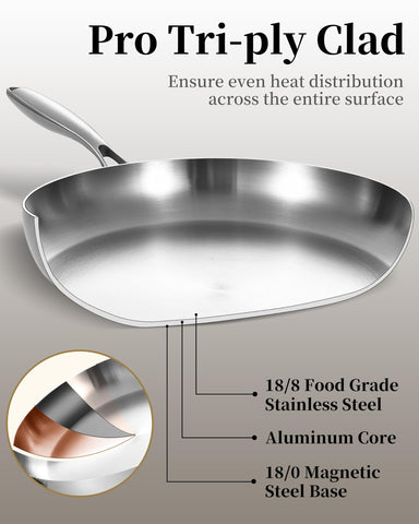 Bzayeat 14-inch tri-ply pan with lid on for moisture retention during braising.
